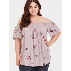 Torrid Womens Top Sz 4 4X‎ 26 Lilac Purple Floral Crinkle Gauze Cold Shoulder